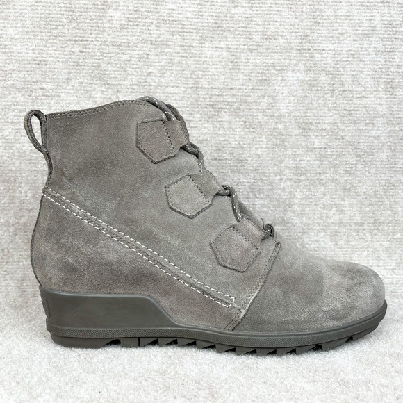 Sorel Womens 11 Evie Boots Gray Suede Waterproof Lace Up Wedge Bootie Shoes Heel - Picture 1 of 11